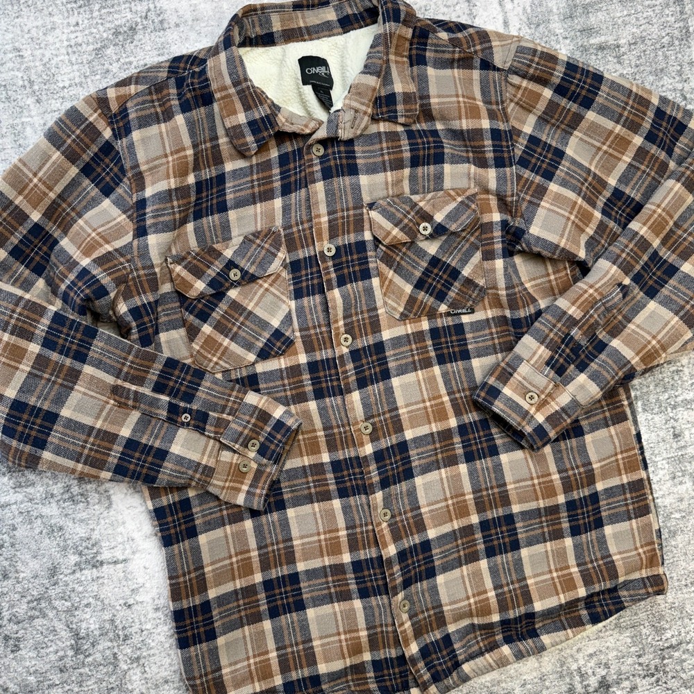 Oneill Shirt Jacket Mens XL Brown Plaid Flannel Sherpa Fleece Shacket Surf Skate